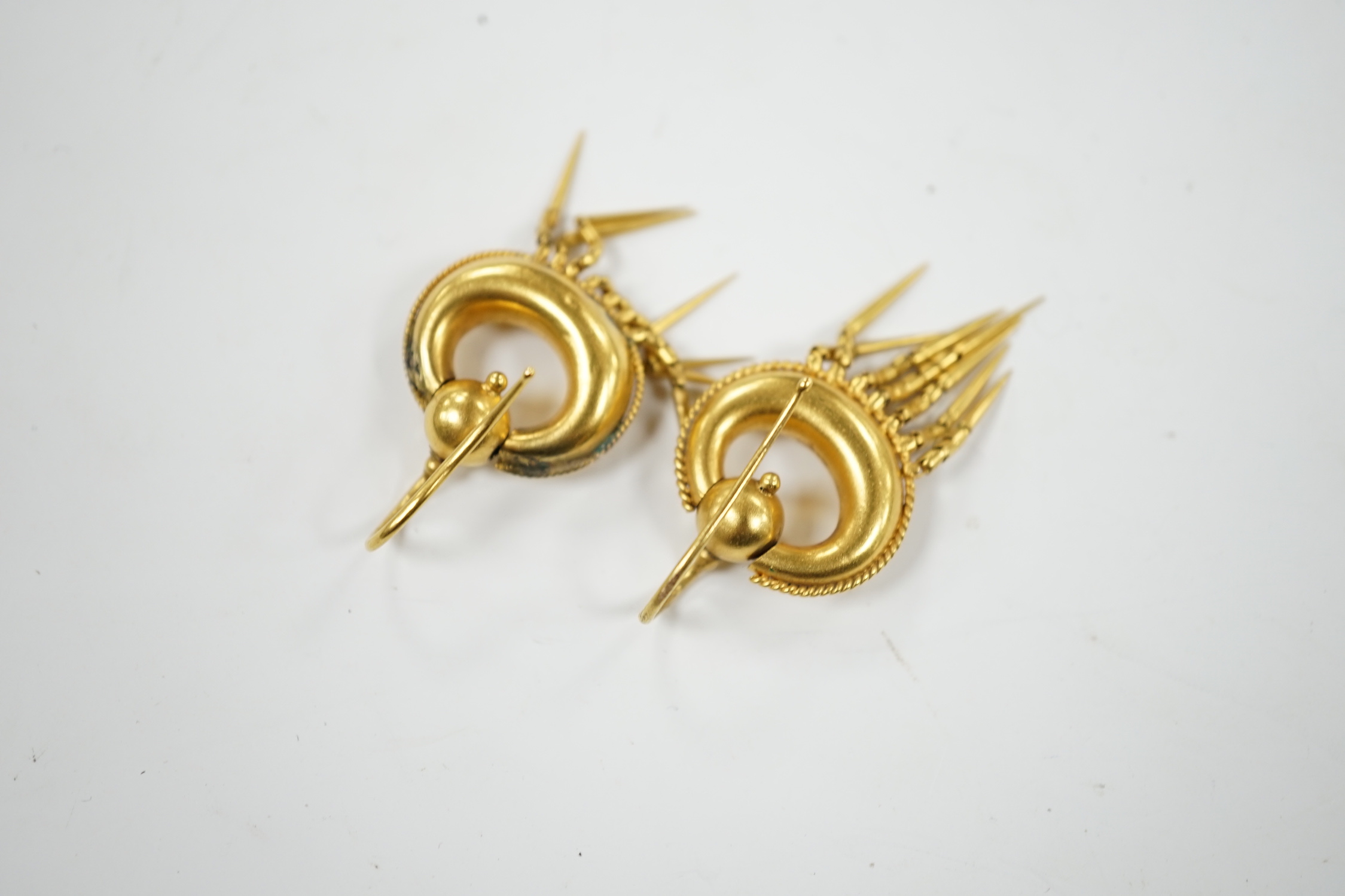 A pair of Victorian yellow metal circular openwork tassel drop earrings, 42mm, 5.8 grams.
